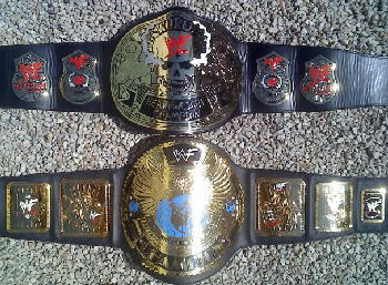 WWF Smoking Skull and Winged Eagle Black Strap Scratched Logo Title Belts