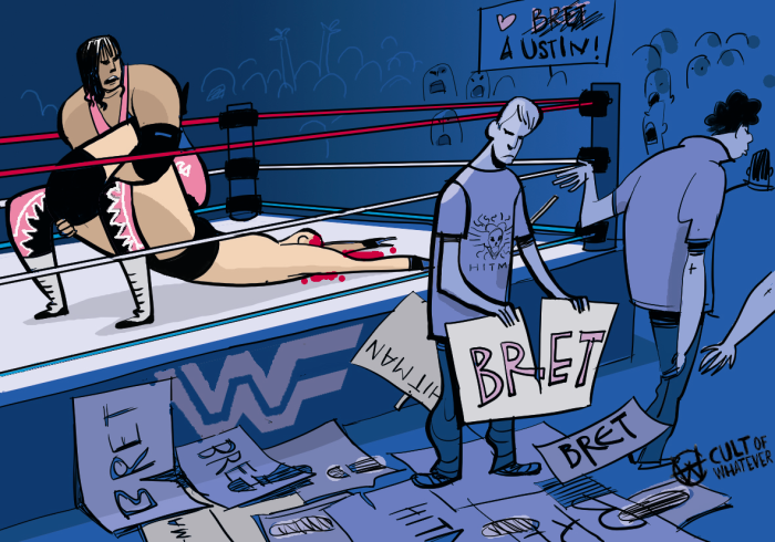 Bret Hart locks Steve Austin in the sharpshooter at WrestleMania 13