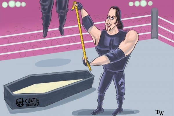 WrestleMania 15 Bossman Hanged By Undertaker Cartoon Illustration