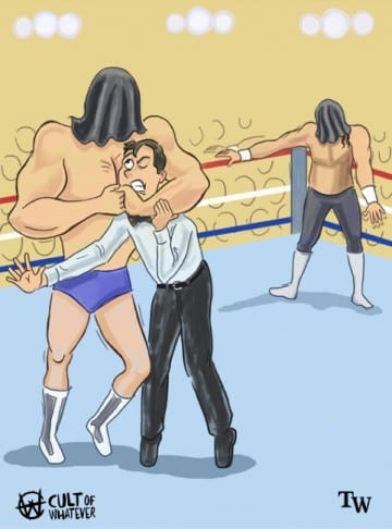 WrestleMania 7 Blindfold Match Rick Martel Jake Roberts Cartoon Illustration