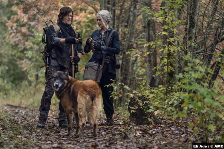 The Walking Dead S10e18 Norman Reedus and Melissa McBride as Daryl and Carol with Dog