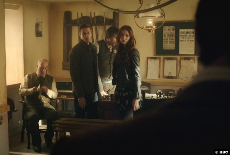 Doctor Who S7e03: Adrian Scarborough, Arthur Darvill, Ben Browder and Karen Gillan as Kahler-Jax, Rory, Isaac and Amy