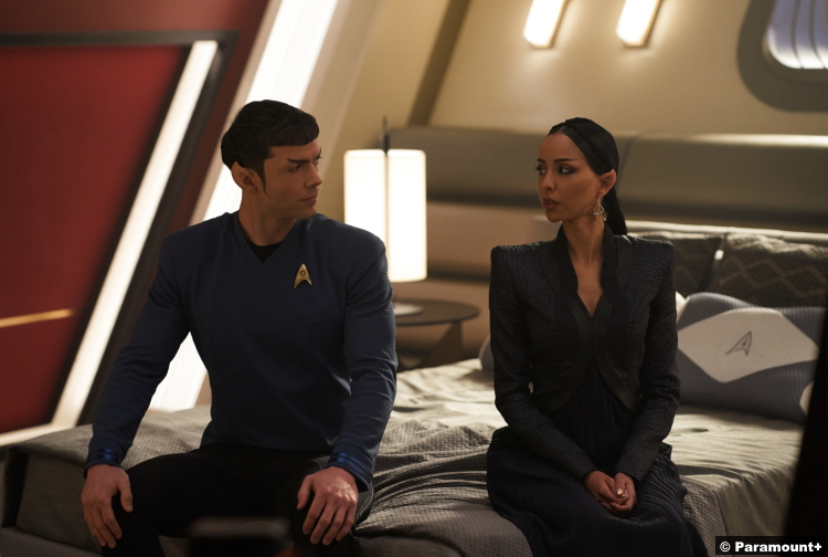 Star Trek Strange New Worlds S01e05: Ethan Peck and Gia Sandhu as Spock and T'Pring